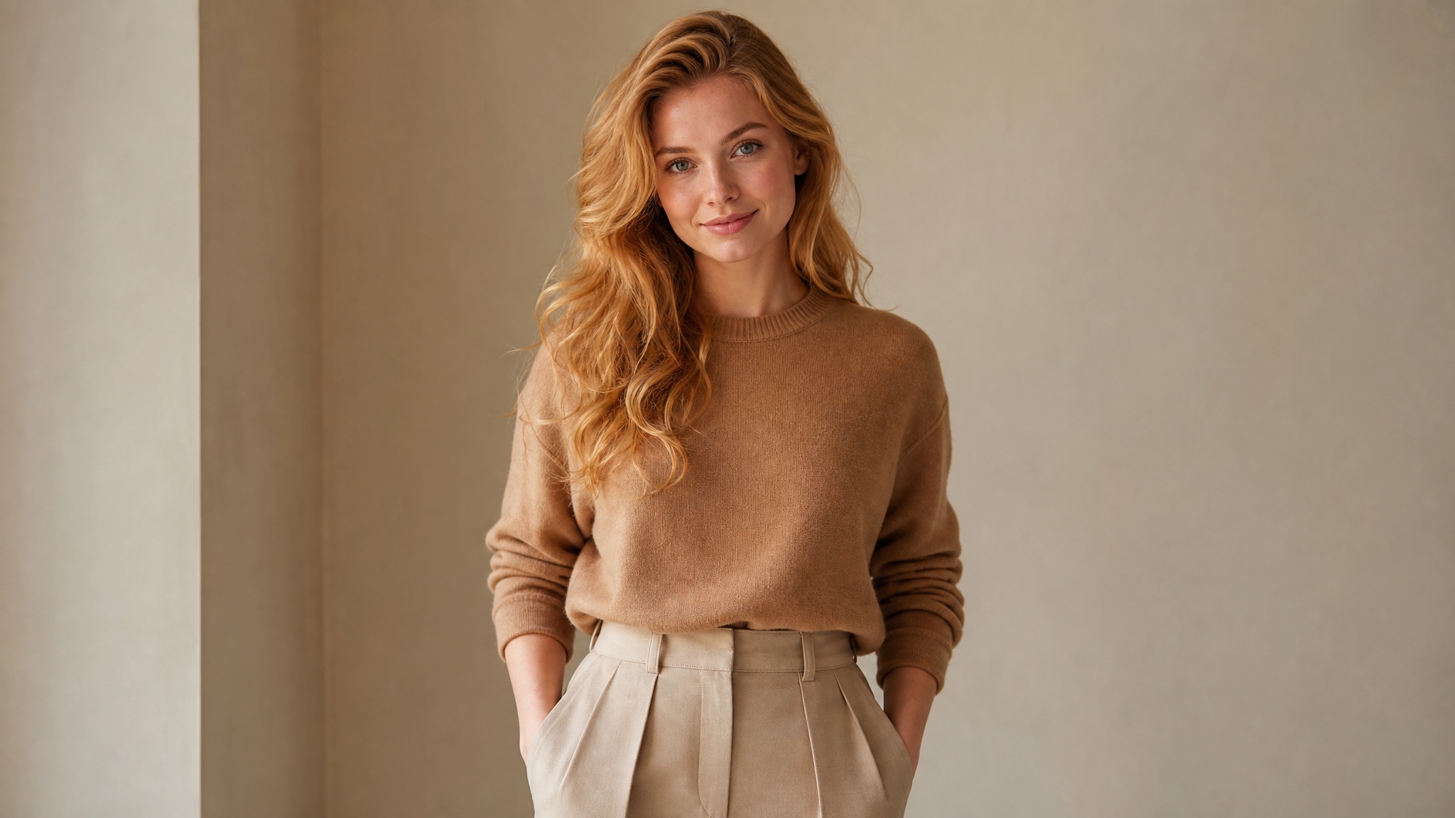 Original look before clothes swap — camel sweater and beige trousers indoors