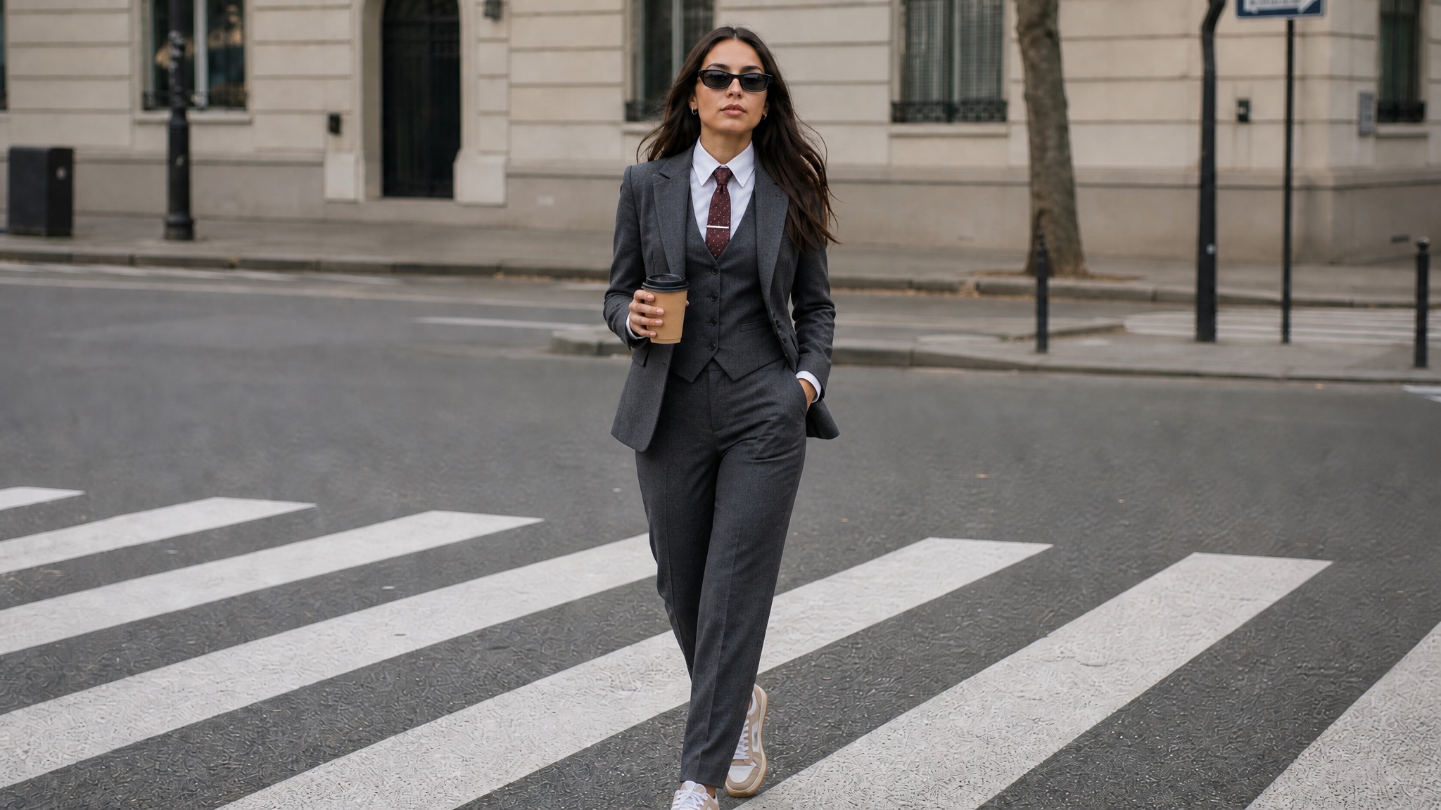 Clothes swapper AI after — same woman in charcoal three-piece suit on the crosswalk