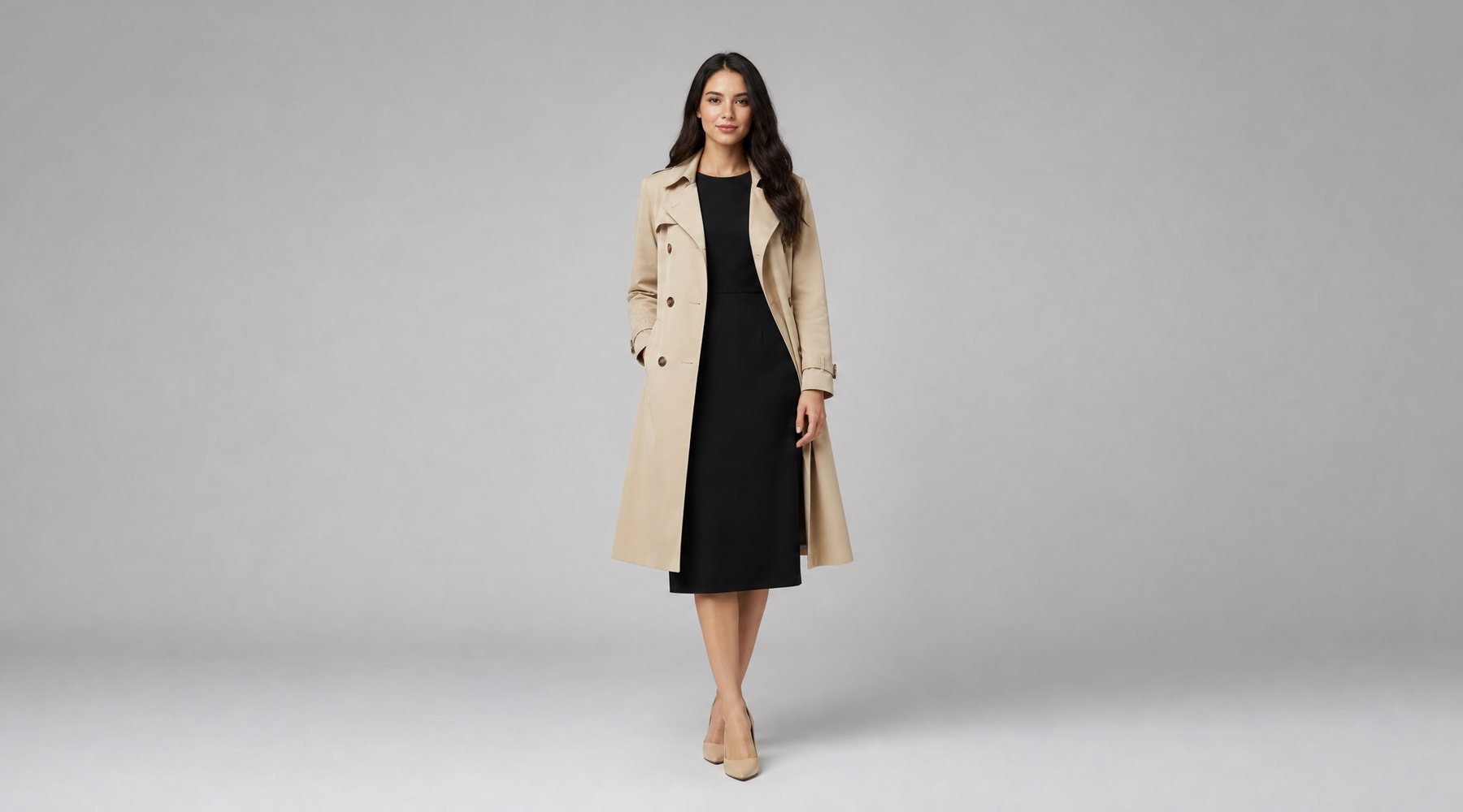Clothes on models for ecommerce — trench coat catalog look