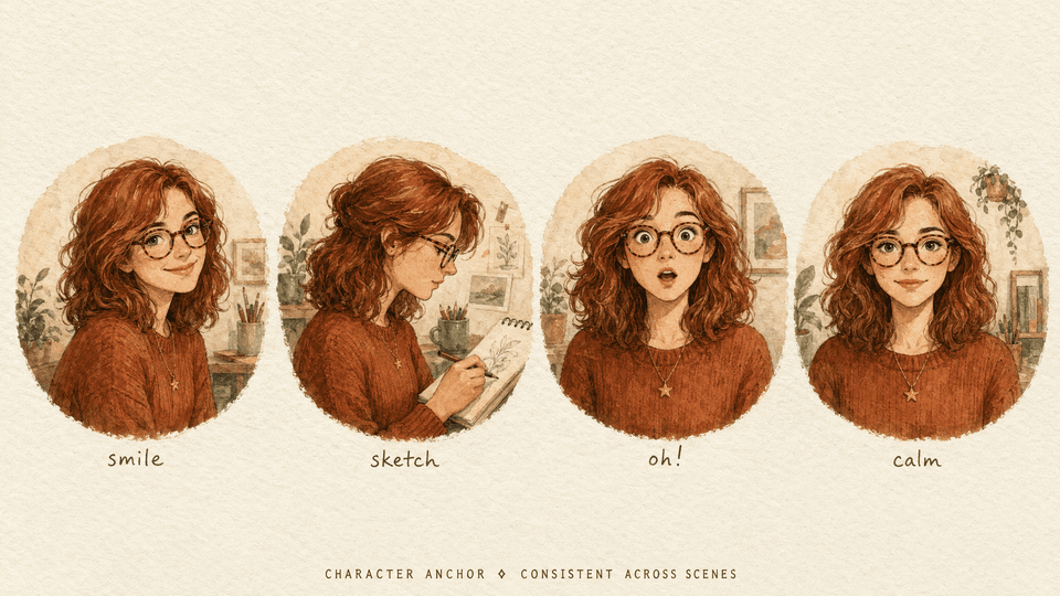 ChatGPT Image 2 character anchor — same illustrated character shown in four watercolor portraits with consistent face, hair, and outfit.