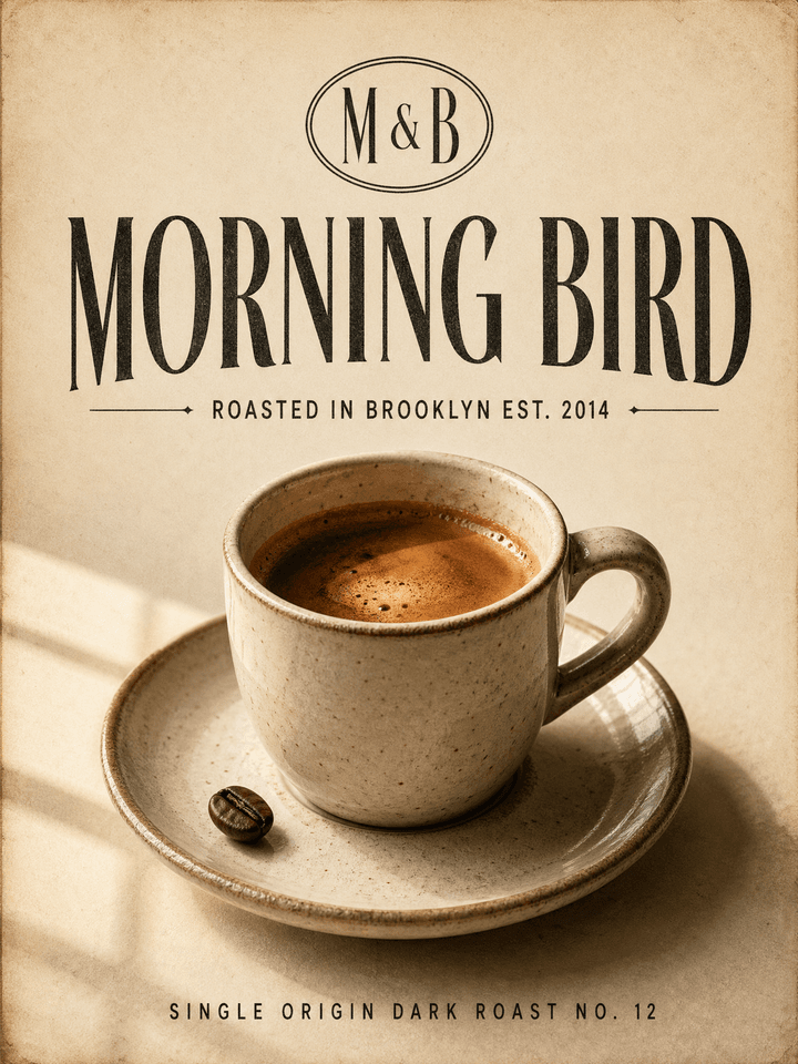 Chat GPT Image 2 sample — vintage coffee brand poster for MORNING BIRD with art-deco serif typography.